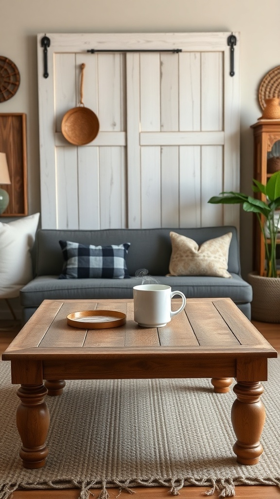 A rustic barn door coffee table with a white mug and a small tray on top, set in a cozy living room with a sofa and decorative pillows.
