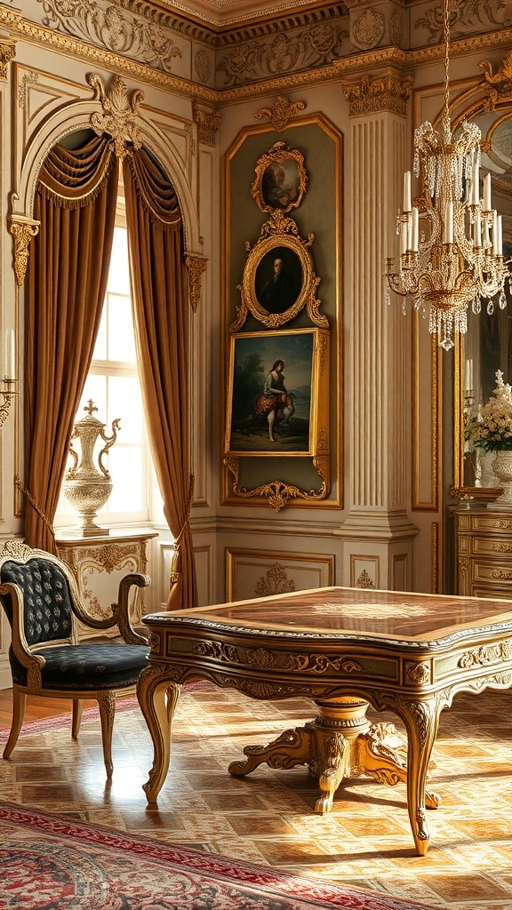 A luxurious room featuring Baroque-inspired furniture, including an ornate table and elegant chair, with rich drapes and artwork on the walls.