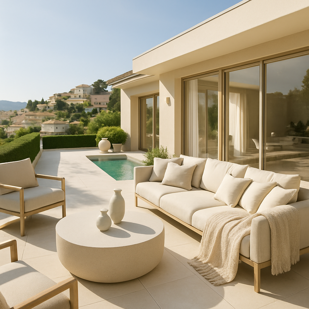 Moderne barrierefreie Terrasse mit bequemen Möbeln und kleinem Pool