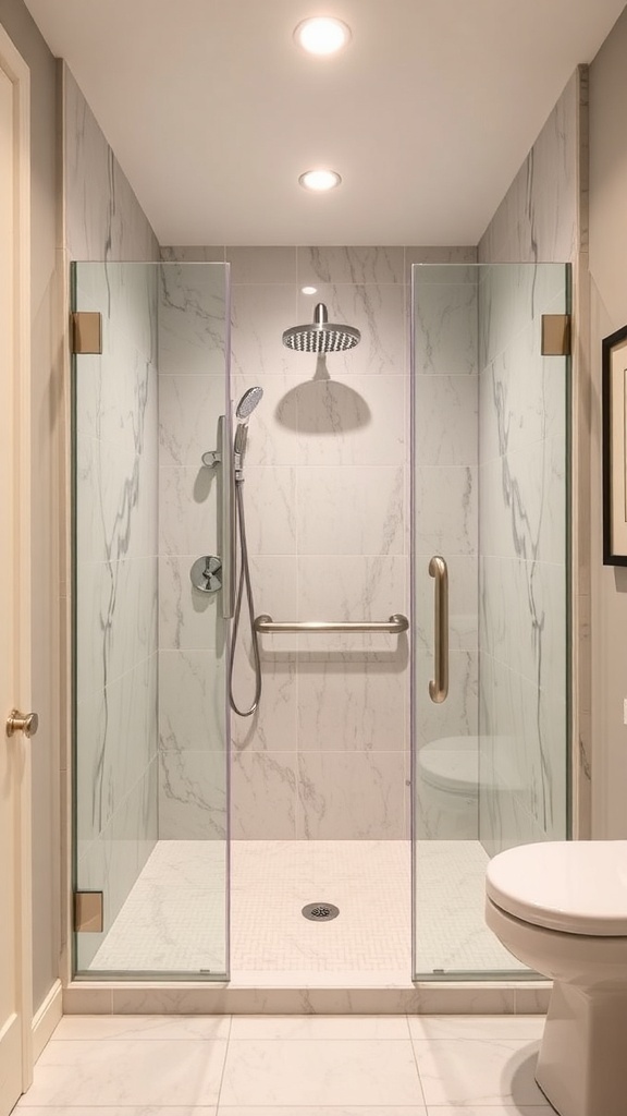Barrierefreie Walk-In-Dusche mit großen Fenstern und modernem Design