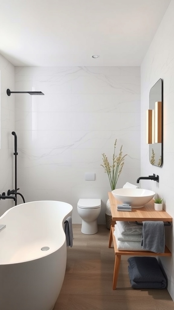 Modernes barrierefreies Badezimmer mit freistehender Badewanne und Holzwaschtisch