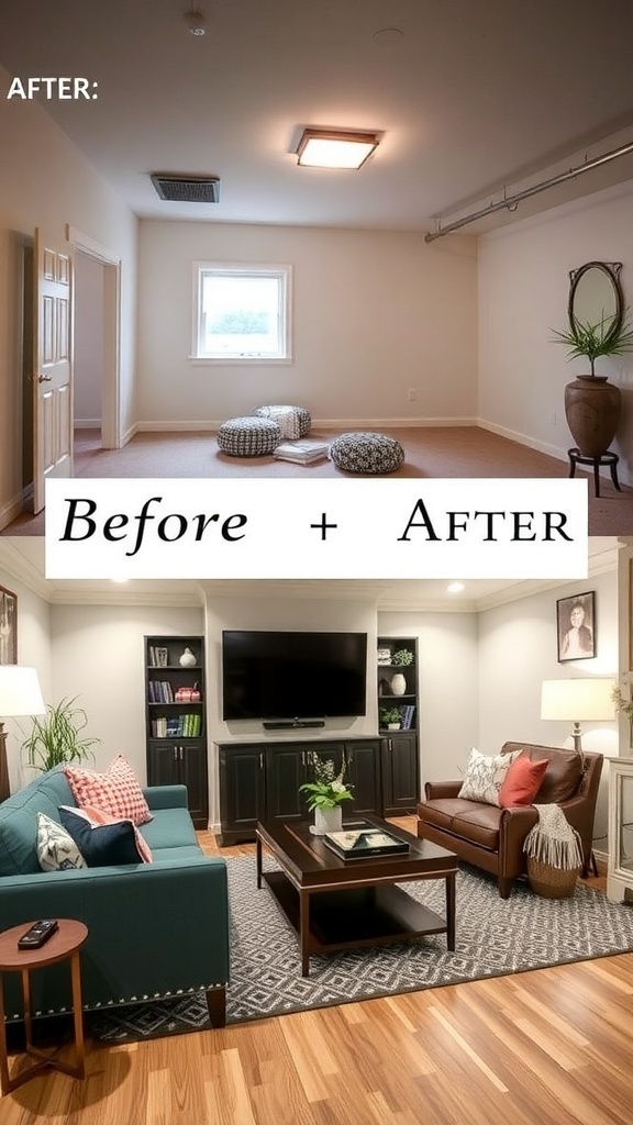 Before and after of a basement makeover showcasing smart lighting and cozy decor.