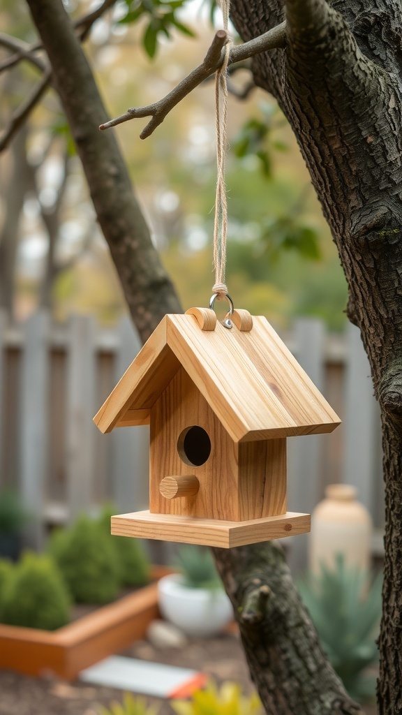 A wooden birdhouse hanging from a tree branch, showcasing its natural wood finish.