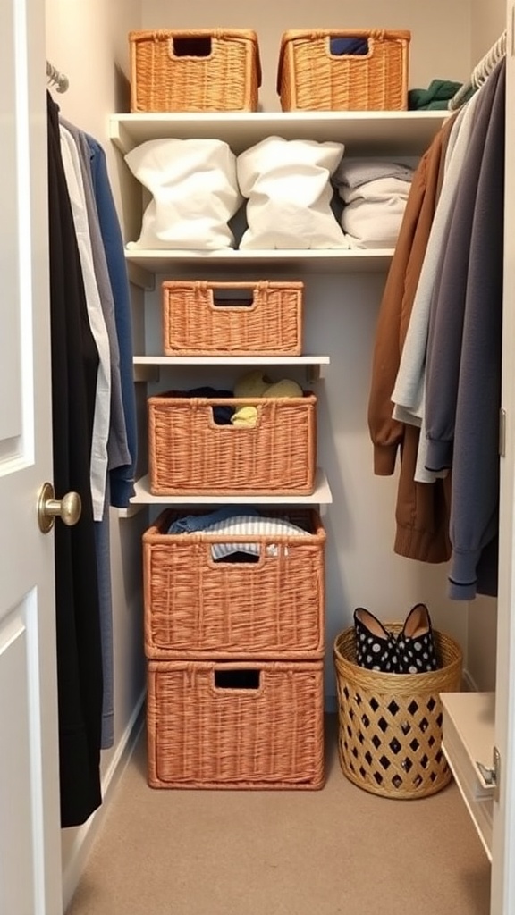 A neatly organized closet with woven baskets and folded clothes on shelves.