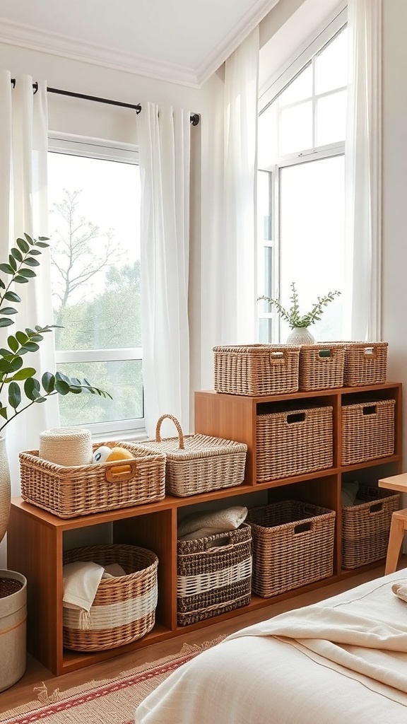A cozy bedroom with a wooden shelf displaying various woven baskets for storage.