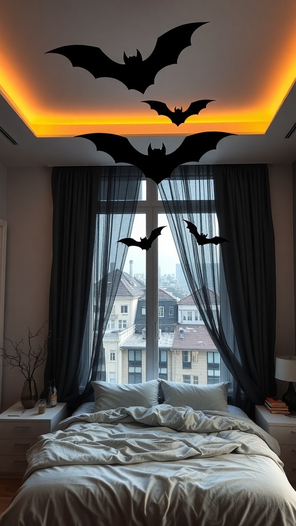 Ein Schlafzimmer mit Fledermaus-Silhouetten an der Decke und einem gemütlichen Bett