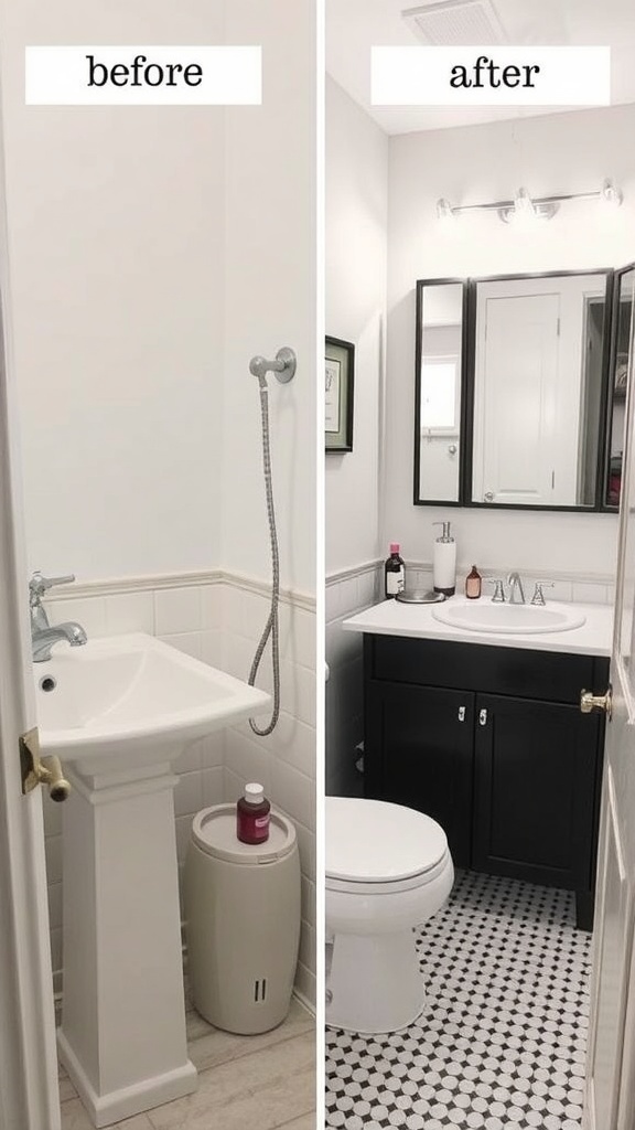 Before and after images of a bathroom makeover, showcasing a bright and modern design.