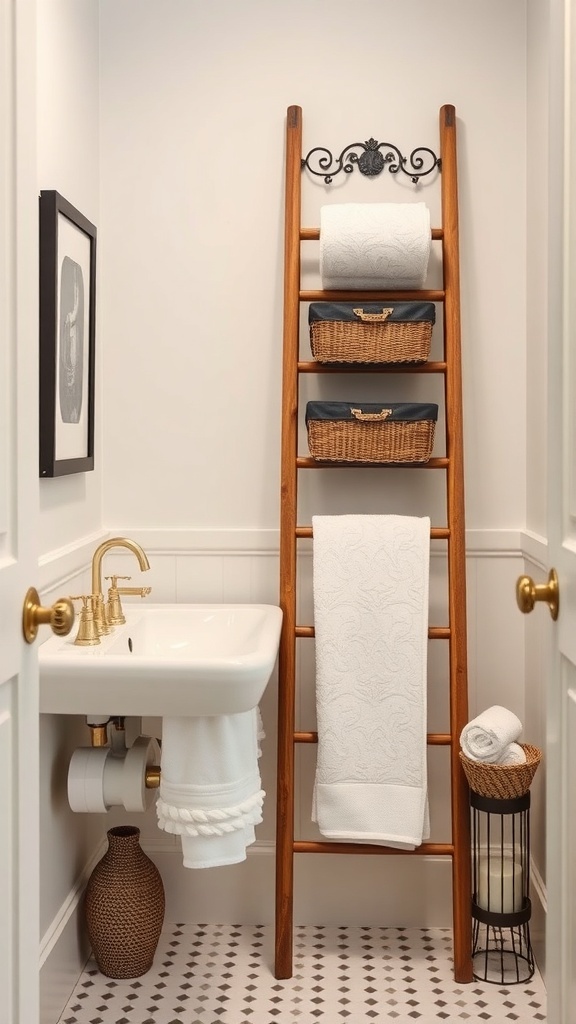 A wooden ladder displaying towels and baskets in a small bathroom.