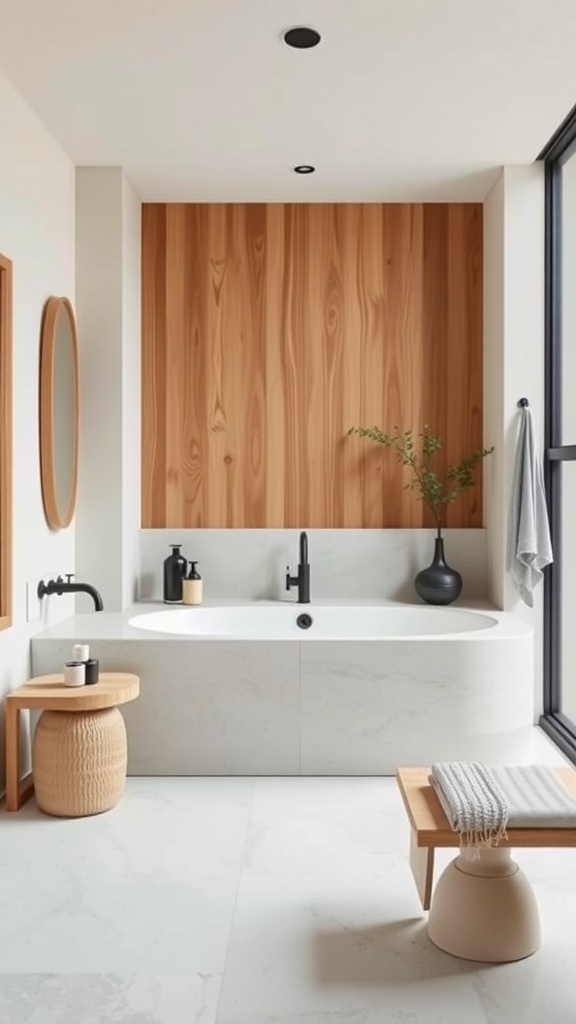 A minimalist bathroom featuring a wooden wall, sleek bathtub, and natural decor elements.