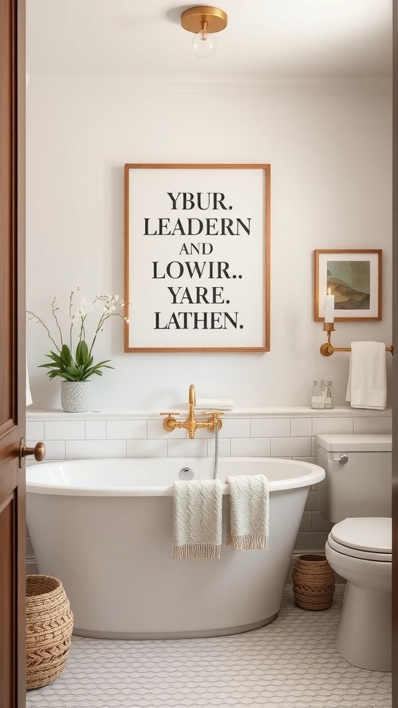 A stylish bathroom featuring a large framed wall art with bold text, a freestanding bathtub, and modern fixtures.
