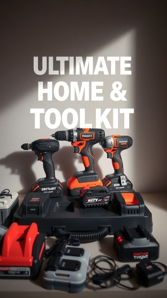 A collection of power tools, batteries, and chargers arranged neatly, emphasizing the importance of batteries and chargers in a home toolkit.