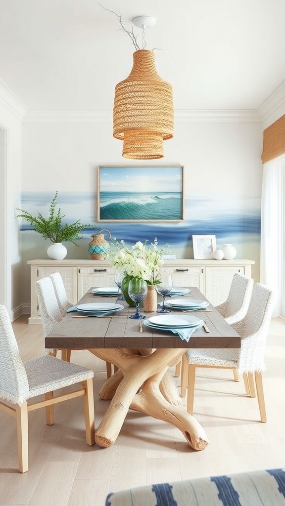 A beach-inspired dining area featuring a wooden table, light chairs, ocean-themed wall art, and a woven pendant light.