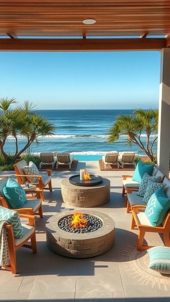 A cozy outdoor living area with a fire pit, comfortable seating, and a view of the beach.