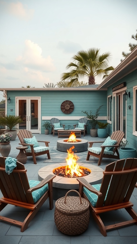 A cozy outdoor space with wooden chairs around a fire pit, surrounded by tropical plants.