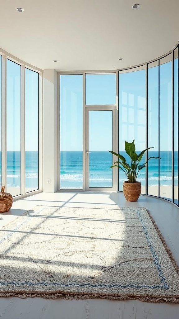 A bright room with large windows overlooking the ocean, featuring a beach-themed area rug.