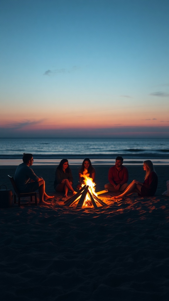 A group of friends sitting around a bonfire on the beach at dusk, with a colorful sky and ocean in the background.