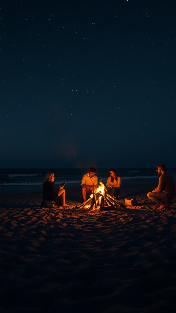 A group of friends sitting around a bonfire on the beach at night, with stars in the sky.