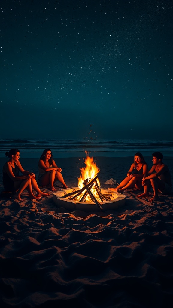 A group of friends sitting around a bonfire on the beach under a starry sky.