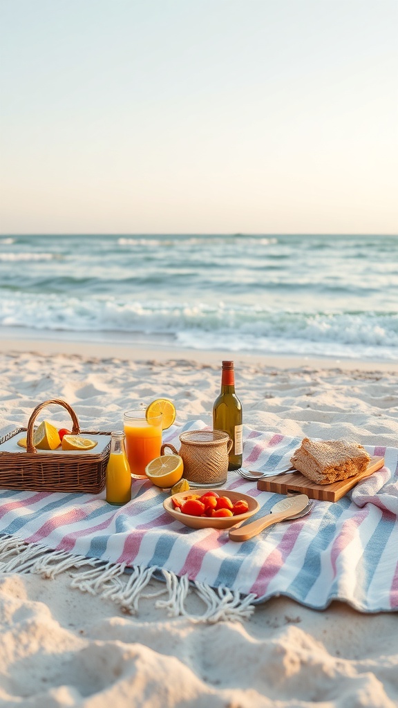 A beach picnic setup with food and drinks on a striped blanket by the ocean.
