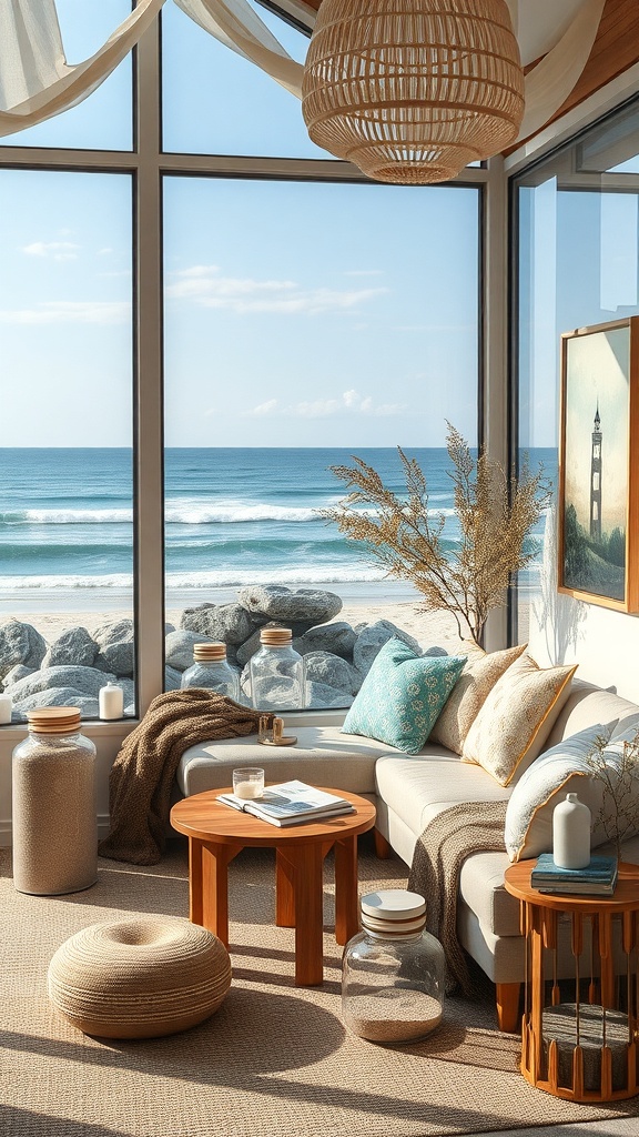 A cozy beach-inspired living room with ocean views, featuring sand-colored accents and natural decor elements.