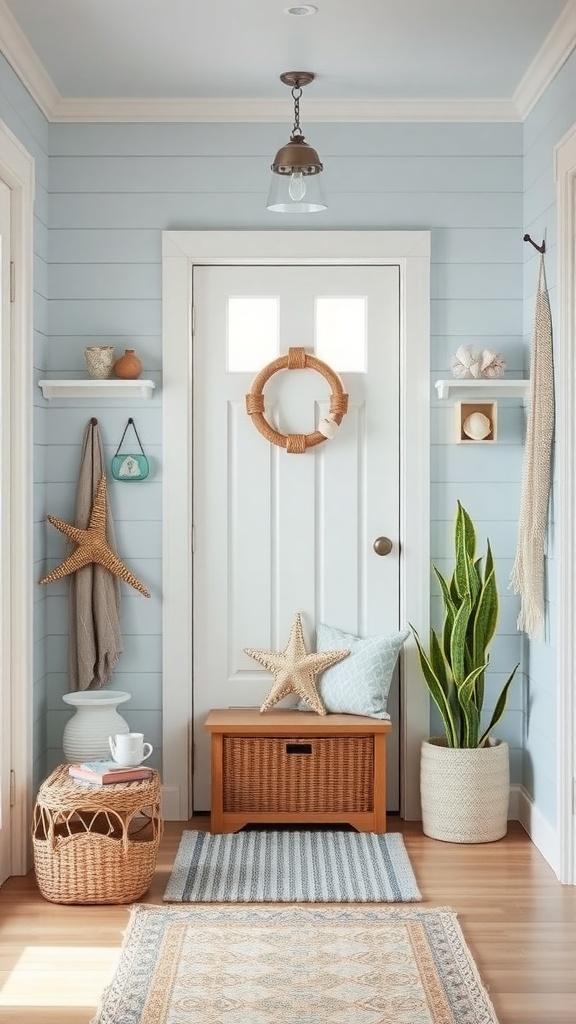 A beach-themed entryway featuring blue walls, a wreath on the door, starfish decor, and a cozy bench.