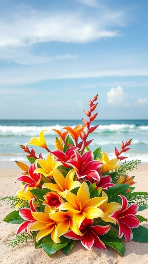 A vibrant bouquet of tropical flowers on the beach with the ocean in the background.