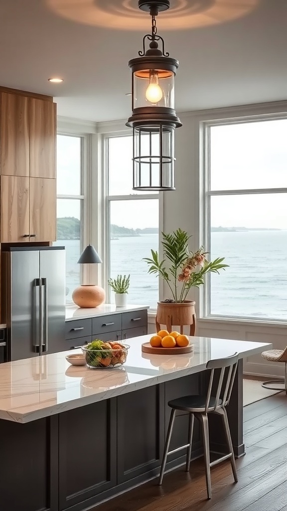 A kitchen with a lantern-style pendant light fixture hanging over a marble island, with large windows showing a view of the sea.