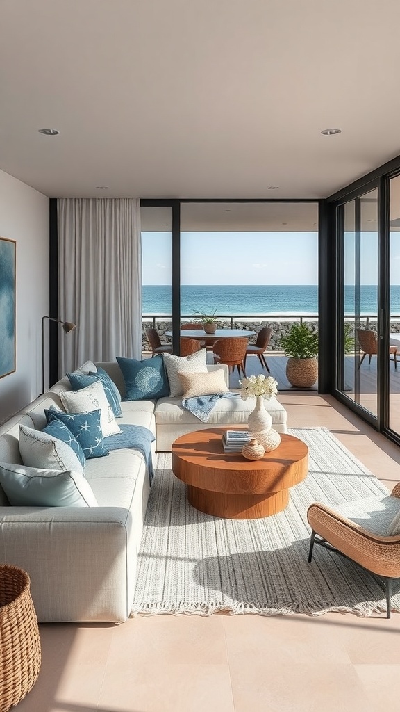A cozy living room with beach-inspired textiles, featuring a light color palette, nautical throw pillows, and a woven rug.