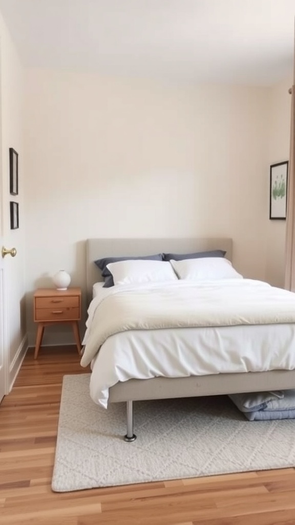 A cozy small bedroom with a raised bed and storage underneath.