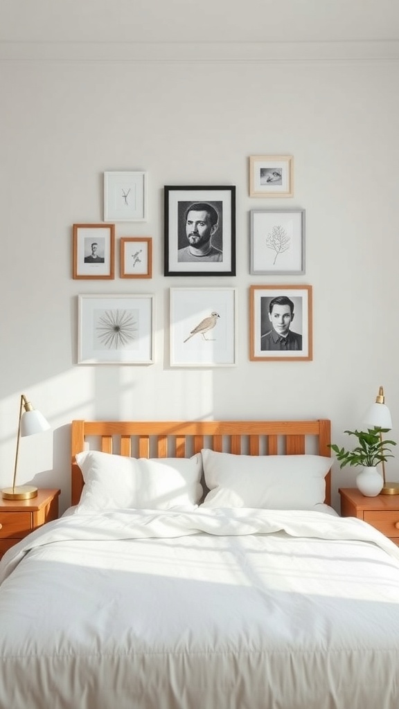 A cozy bedroom with a gallery wall featuring various framed artworks above the bed.