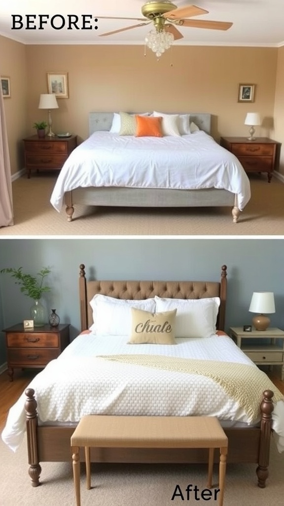 Before and after images of a bedroom makeover showcasing thrifted finds.