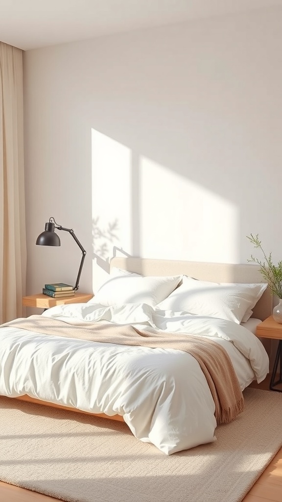 Minimalist bedroom with white bedding, beige throw, wooden nightstands, and natural light.