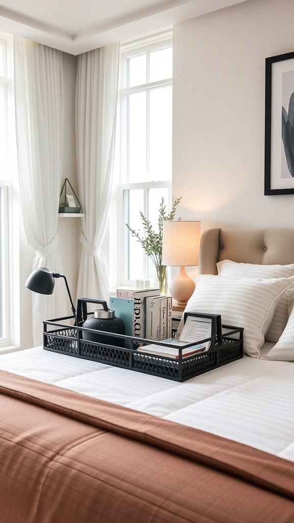 A stylish bedside caddy on a bed, featuring a teapot, books, and a notepad, with soft lighting in the background.
