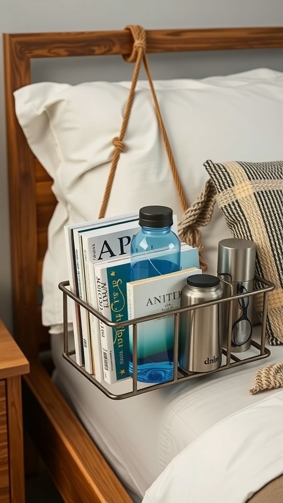 A stylish bedside caddy with books and a water bottle, placed on a bed with a cozy blanket.