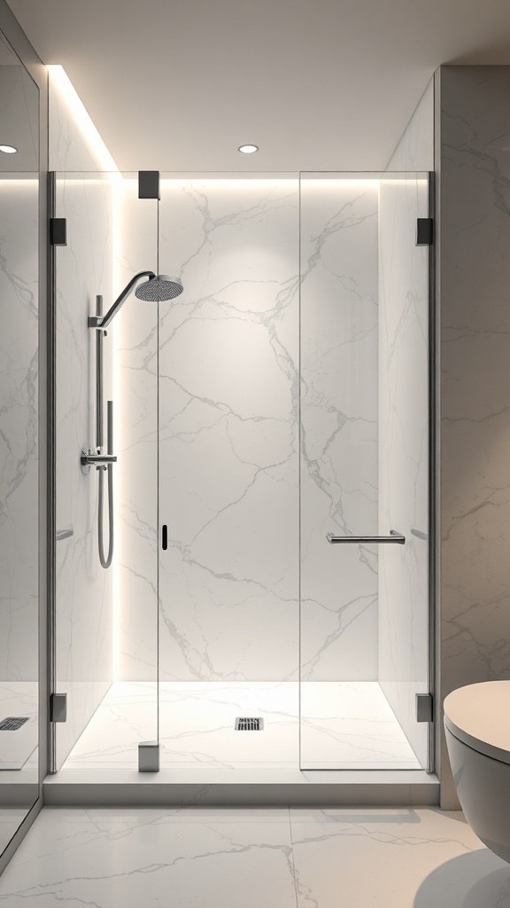 Moderne begehbare Dusche mit integrierter Beleuchtung und marmorierten Wänden