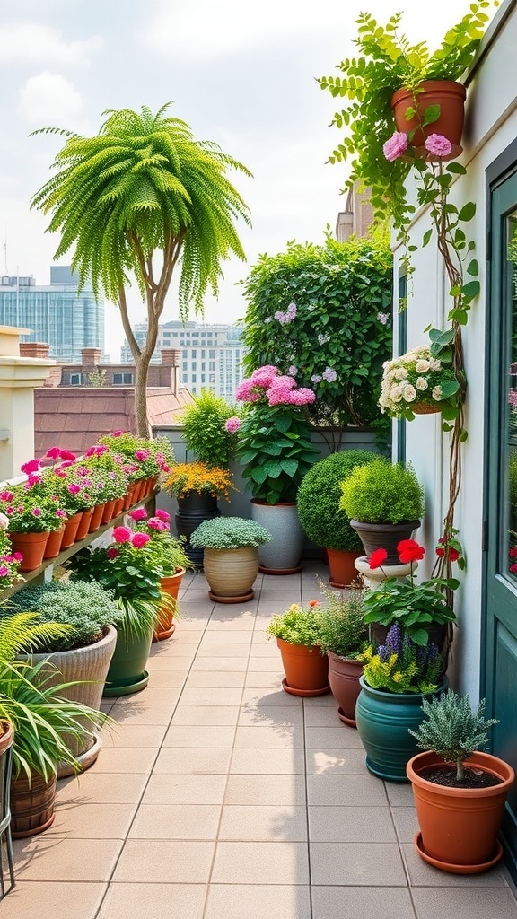 Ein begrüntes Dachterrasse mit bunten Pflanzen in Töpfen und einer schönen Aussicht