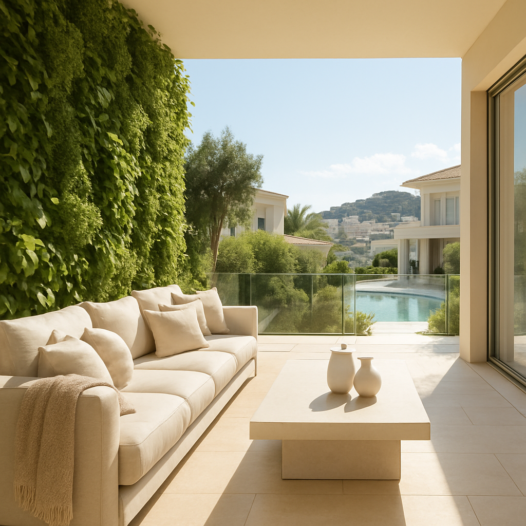 Eine moderne Terrasse mit einer begrünten Wand, einem bequemen Sofa und einem minimalistischen Tisch, die eine entspannende Atmosphäre schafft.