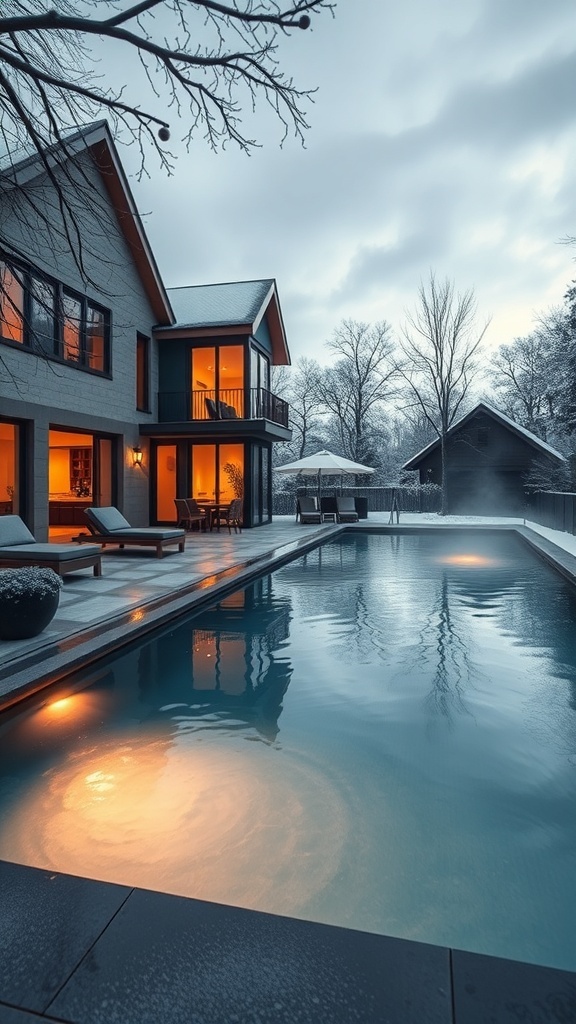 Beheizter Außenpool in einer schneebedeckten Umgebung mit einem modernen Haus im Hintergrund.