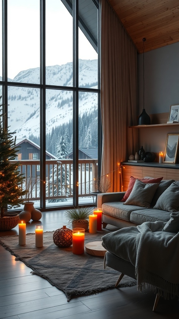 Gemütlicher Wohnraum mit großen Fenstern, Kerzen und einem Weihnachtsbaum, der eine warme Atmosphäre schafft.