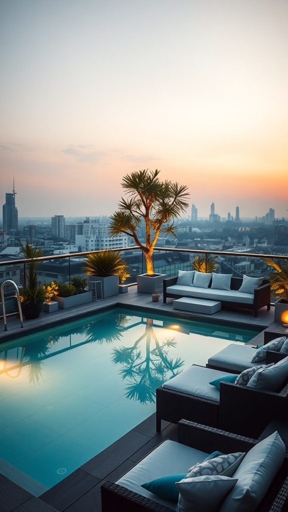 Dachgarten mit Pool und gemütlichen Loungemöbeln bei Sonnenuntergang
