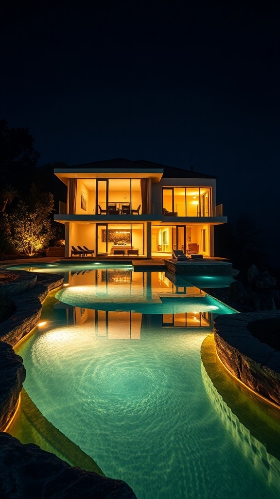 Ein modernes Haus mit einem beleuchteten Naturpool bei Nacht.