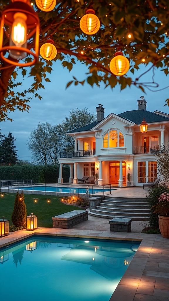 Beleuchtete Villa mit Pool und warmen Lichtern im Garten
