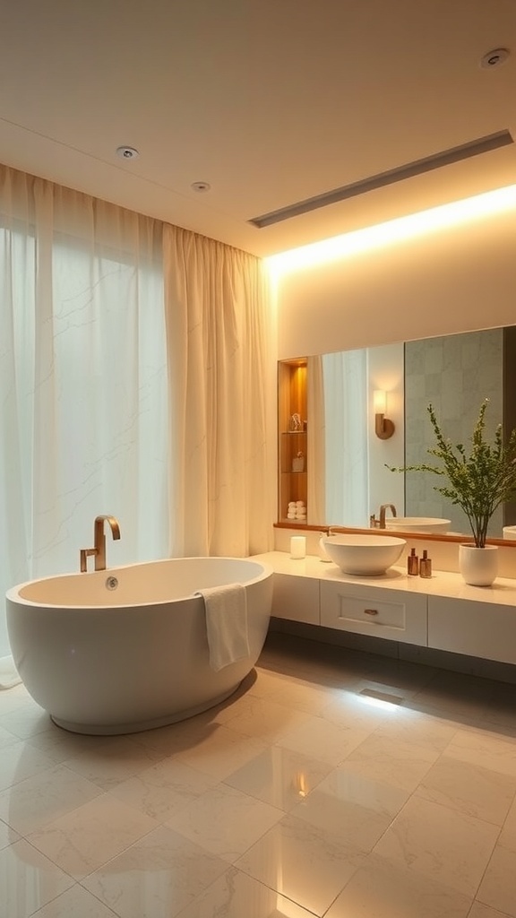 Luxus Spa Badezimmer mit großen Fenstern und sanfter Beleuchtung