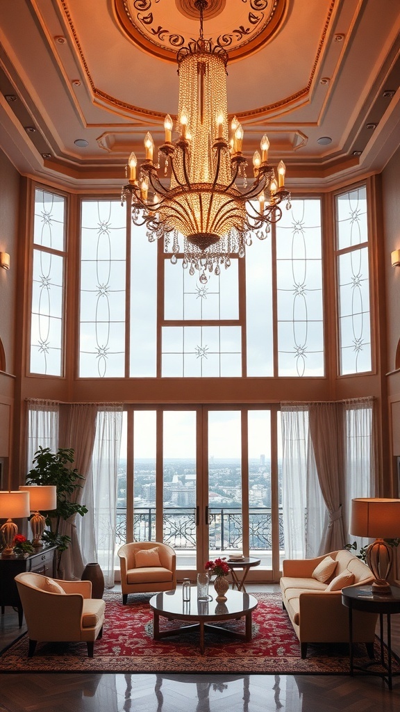 Ein elegantes Wohnzimmer im Art Deco-Stil mit einem großen Kronleuchter und großen Fenstern.