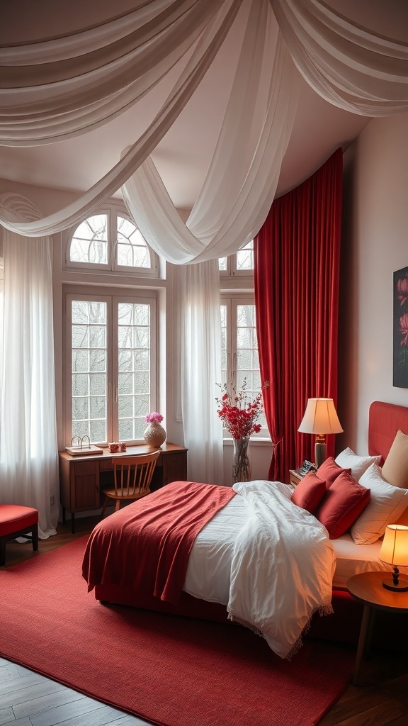 Ein kirschrotes Schlafzimmer mit sanften Vorhängen, warmem Licht und einer gemütlichen Atmosphäre.