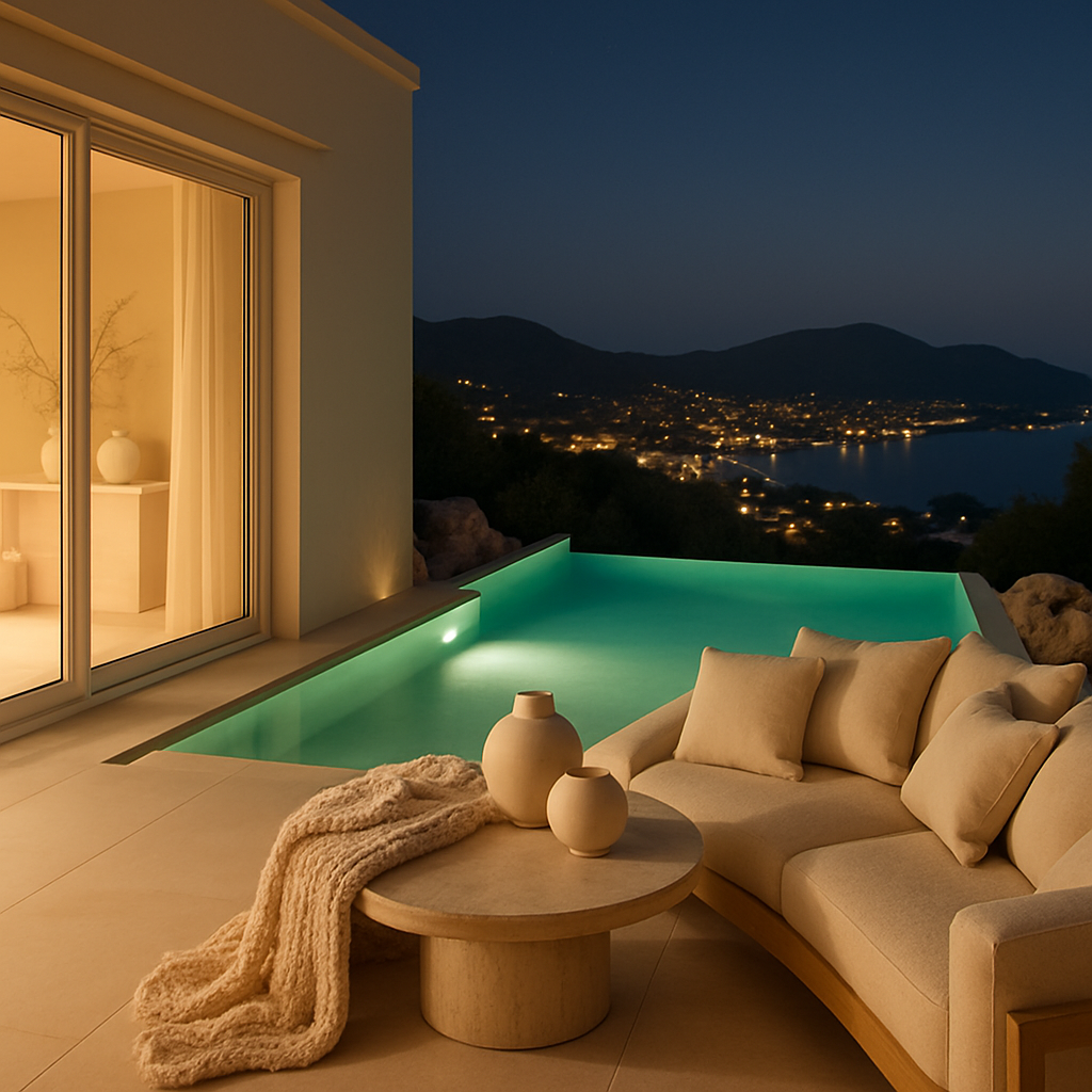 Eine stilvolle Terrasse mit einem beleuchteten Naturpool bei Nacht, umgeben von sanften Lichtern und einer gemütlichen Sitzecke.