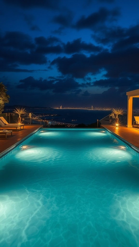 Beleuchteter Poolbereich bei Nacht mit Blick auf die Stadt