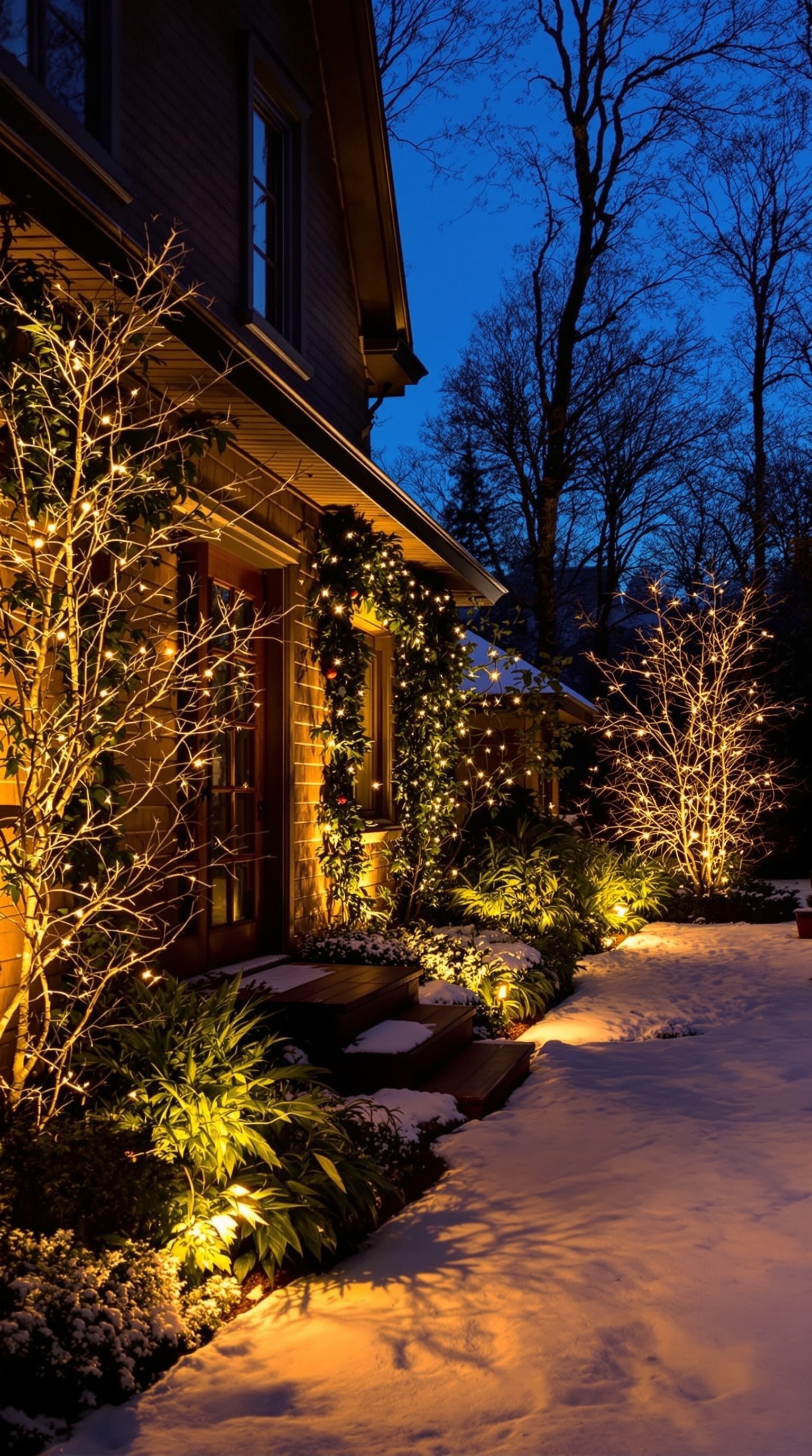 Ein moderner Wintergarten mit schneebedeckten Bäumen und warmen Lichtern für eine gemütliche Atmosphäre.