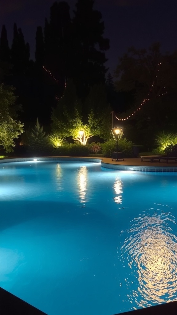 Ein moderner Naturpool mit sanfter Beleuchtung bei Dämmerung.