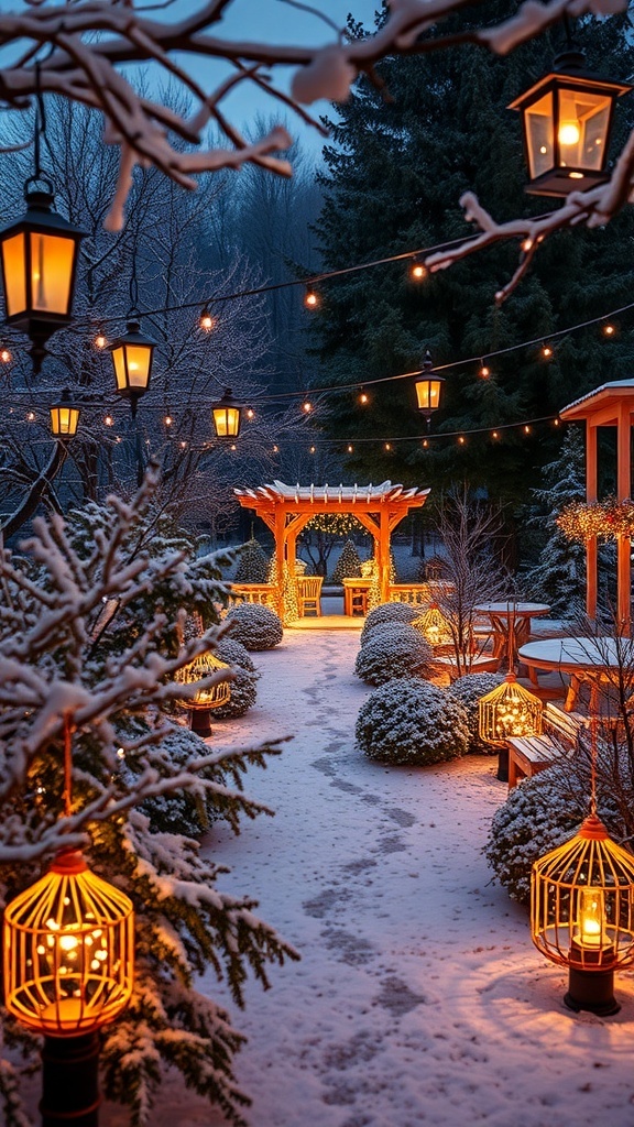 Gemütlicher Wintergarten mit warmen Laternen und schneebedeckten Pflanzen
